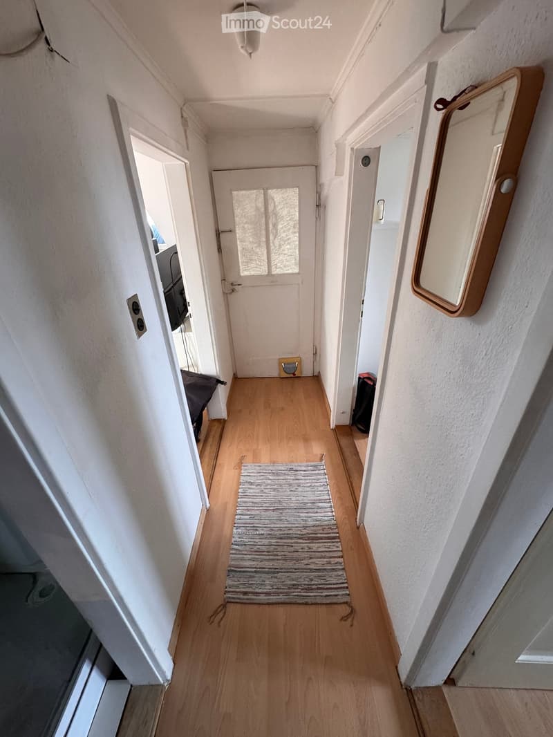 A narrow hallway with wooden flooring, white walls, and a small runner rug. Doors lead to various rooms, and a mirror is mounted on the wall.