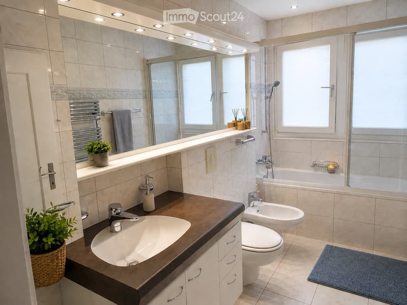 Modern bathroom with a double sink, toilet, bathtub, and shower area. Features include a large mirror with built-in lighting, a towel rack, a small plant, and a candle on the bathtub ledge.
