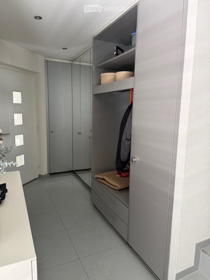 Modern hallway with grey tiled floor, built-in storage unit with shelves and drawers, coat hanging space, and a small decorative plant on a side table.