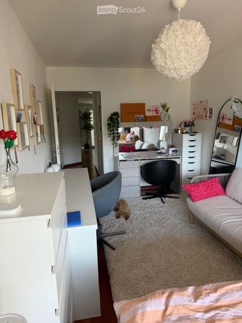 A cozy, well-furnished room with a sofa, desk, chairs, and a small dog. The room features a white cabinet, a mirror, and several picture frames on the wall.