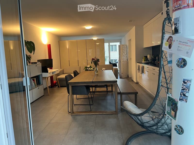 A modern, well-lit living and dining area with a sofa, dining table, chairs, kitchen cabinets, and a refrigerator. The space features a wicker hanging chair, a small bench, and a flower vase on the table.