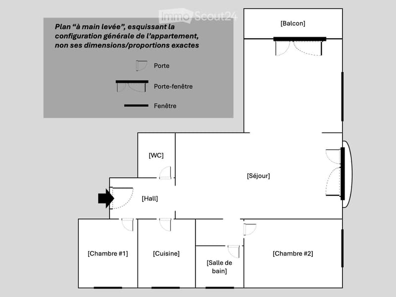 Floor plan of an apartment with a living area, two bedrooms, kitchen, bathroom, and a balcony.