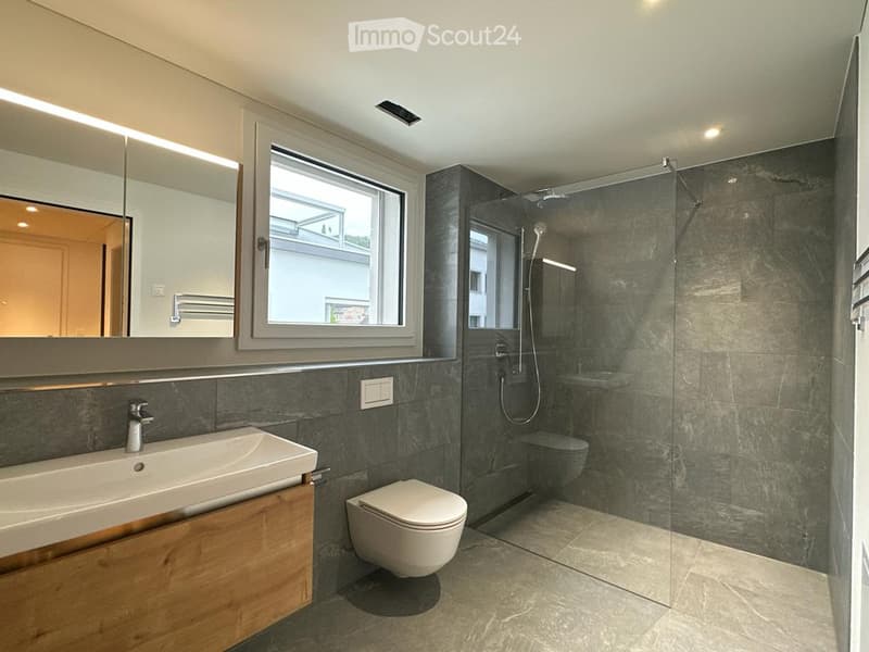 Modern bathroom with a large mirror, a sink with wooden cabinetry, a toilet, and a glass-enclosed shower area.