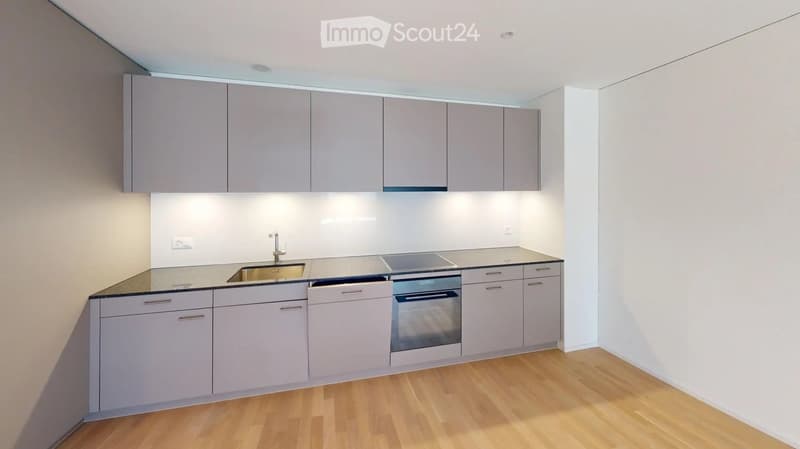 Modern kitchen with light grey cabinets, a stainless steel sink, and a built-in oven. The countertops are dark, and the floor is wooden.