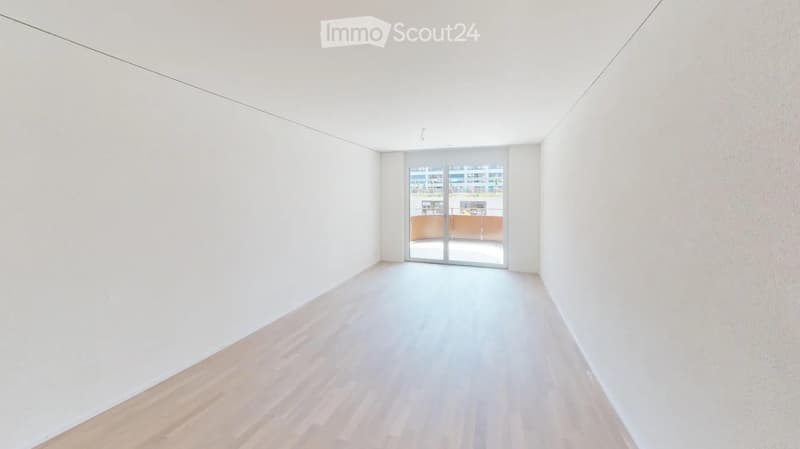 Empty room with white walls, light wooden flooring, and a large glass door leading to an outdoor area.