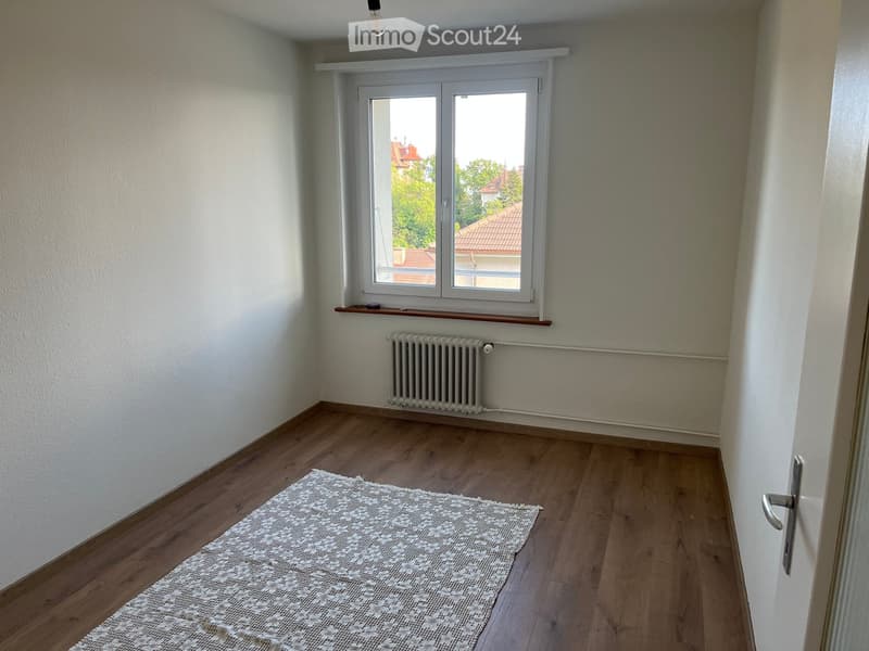 Empty room with wooden flooring, white walls, a window with a view of rooftops, a radiator, and a small rug on the floor.