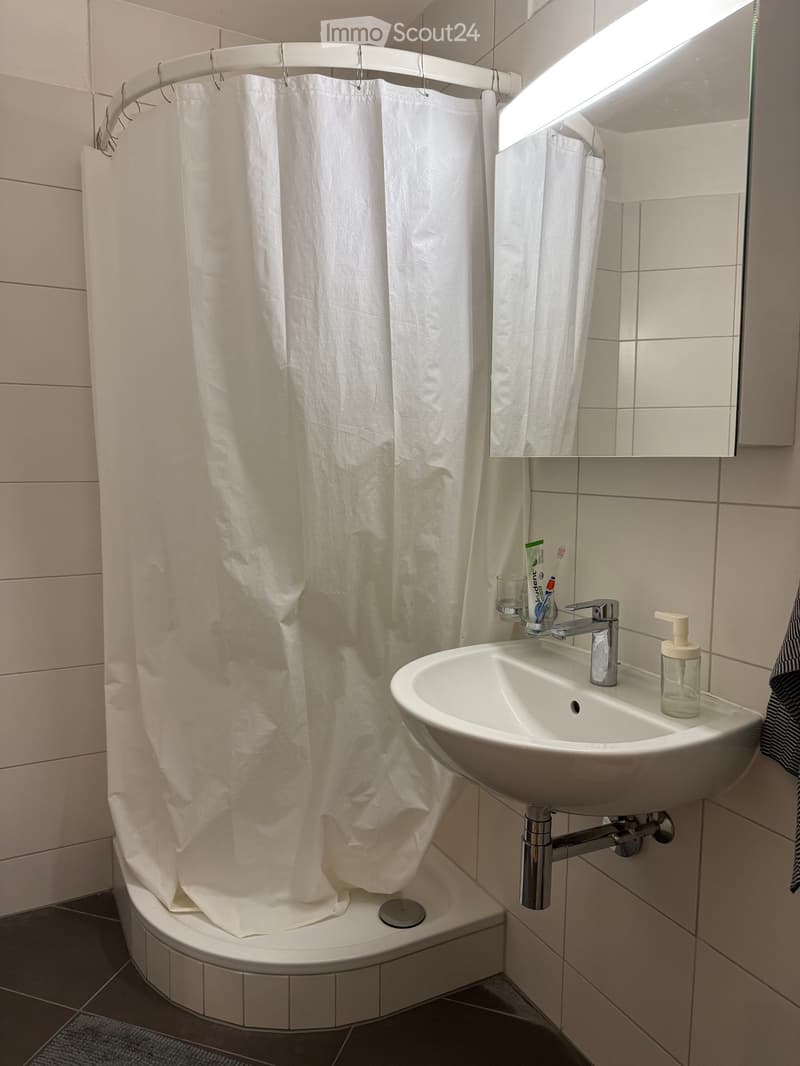 Modern bathroom with a white shower curtain, a sink with a modern faucet, a mirror, and toiletries including a toothbrush, toothpaste, and soap dispenser.