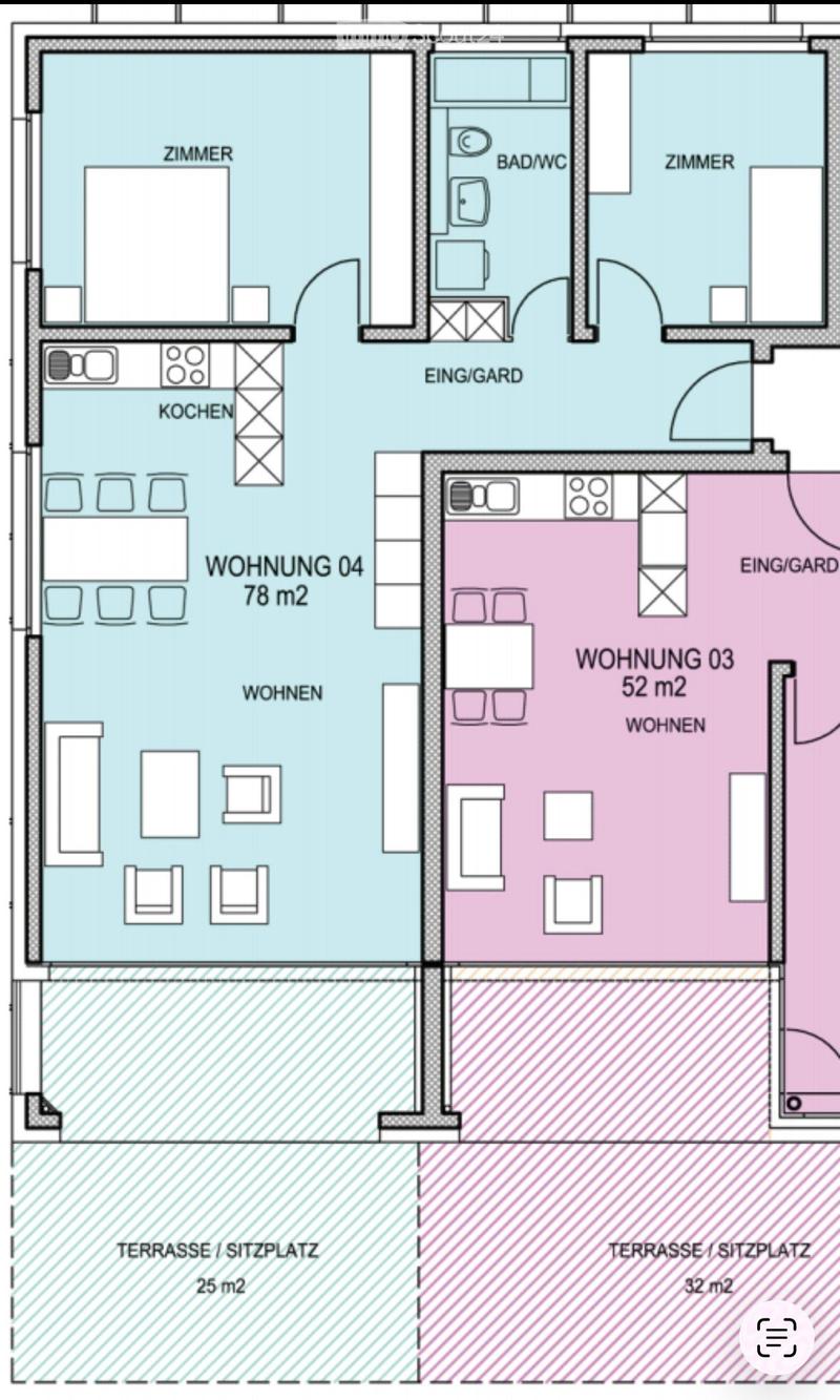 Floor plan showing two apartments (Wohnung 03 and Wohnung 04) with separate living spaces, kitchens, bathrooms, and terraces.