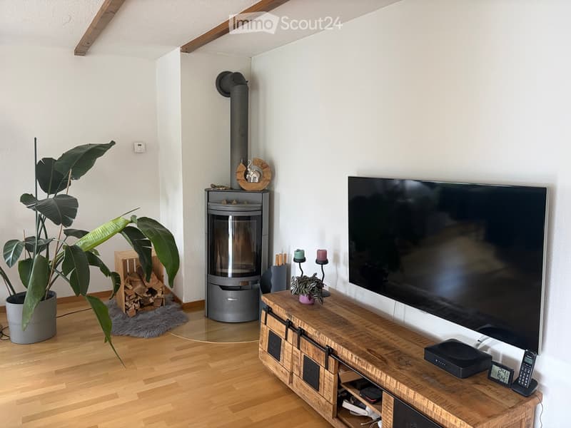 Modern living room with a large flat-screen TV, wooden coffee table, fireplace, and decorative plants.