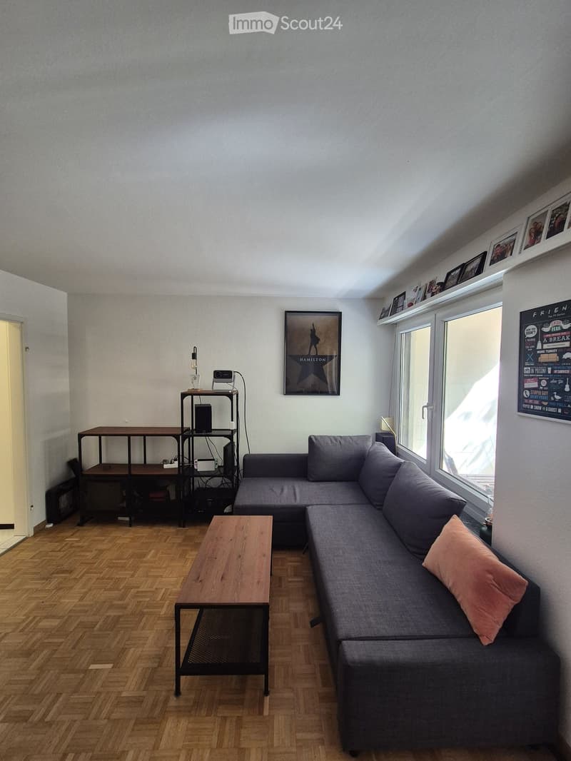 Living room with grey sectional sofa, wooden coffee table, black metal shelf, and large windows letting in natural light.