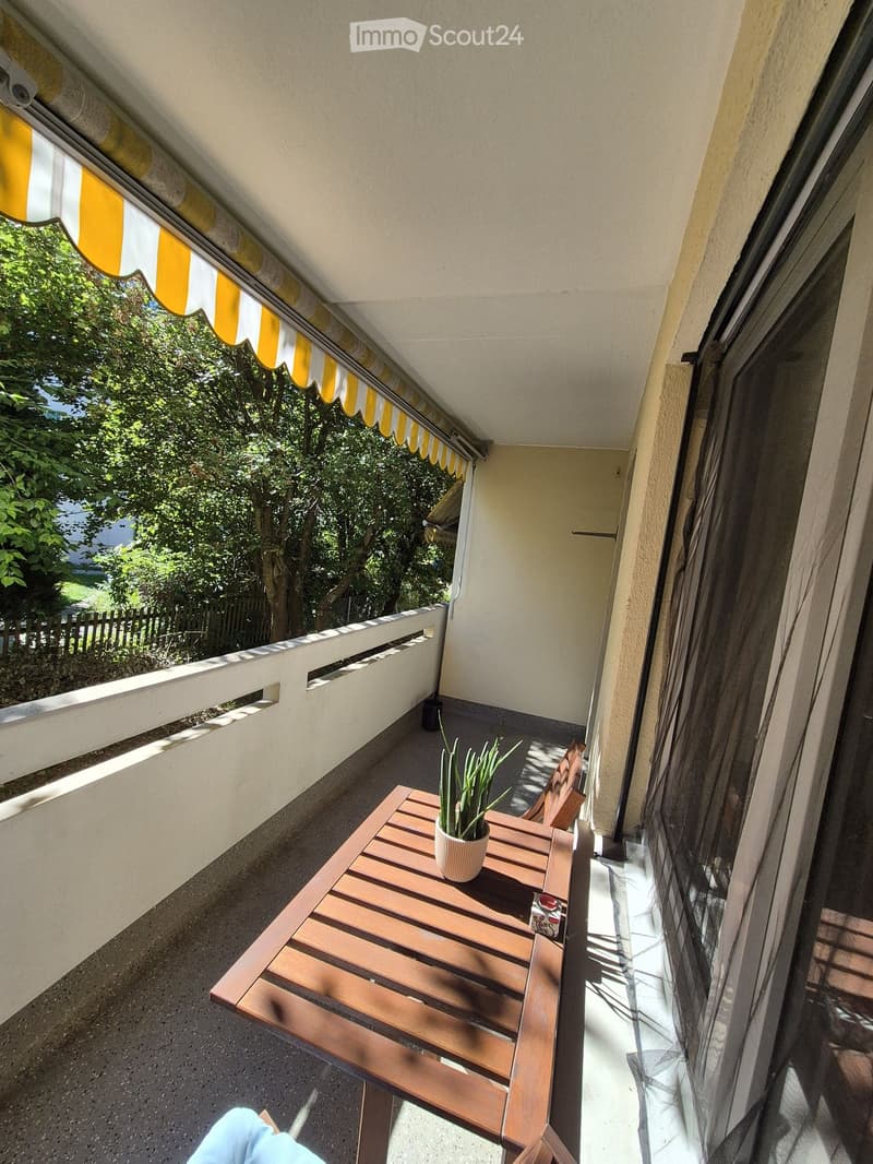 Balcony with wooden table, chair, and potted plant, featuring a covered awning and a view of greenery.
