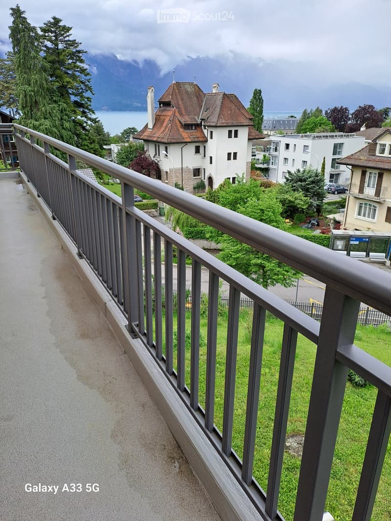 Balcony overlooking a scenic view of a lake and mountains, with a metal railing and a pathway leading down.