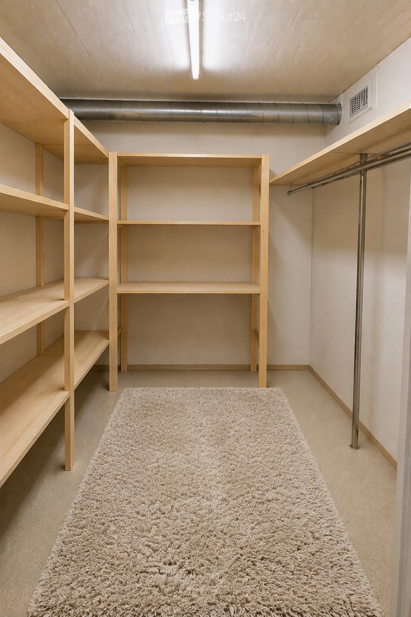 Empty room with wooden shelves, a clothing rack, and a shaggy rug on the floor.