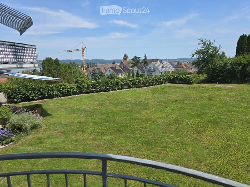 A well-maintained lawn with a metal railing in the foreground, surrounded by greenery and distant buildings.