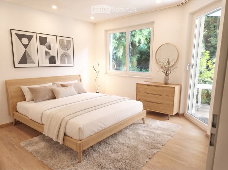 Modern bedroom with a wooden bed, nightstand, large windows, and a view of greenery outside.