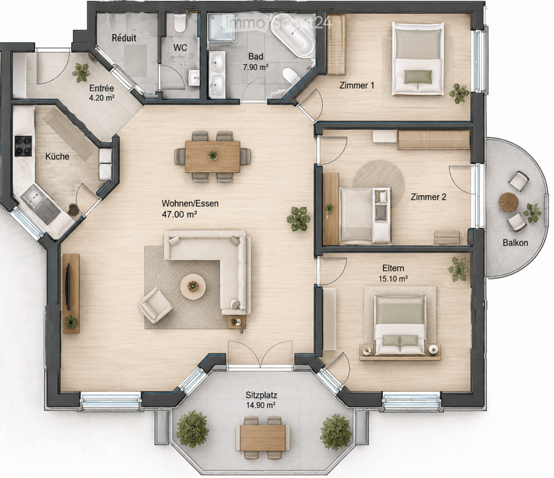 Floor plan of a modern apartment with a living/dining area, kitchen, three bedrooms, bathroom, and balcony.