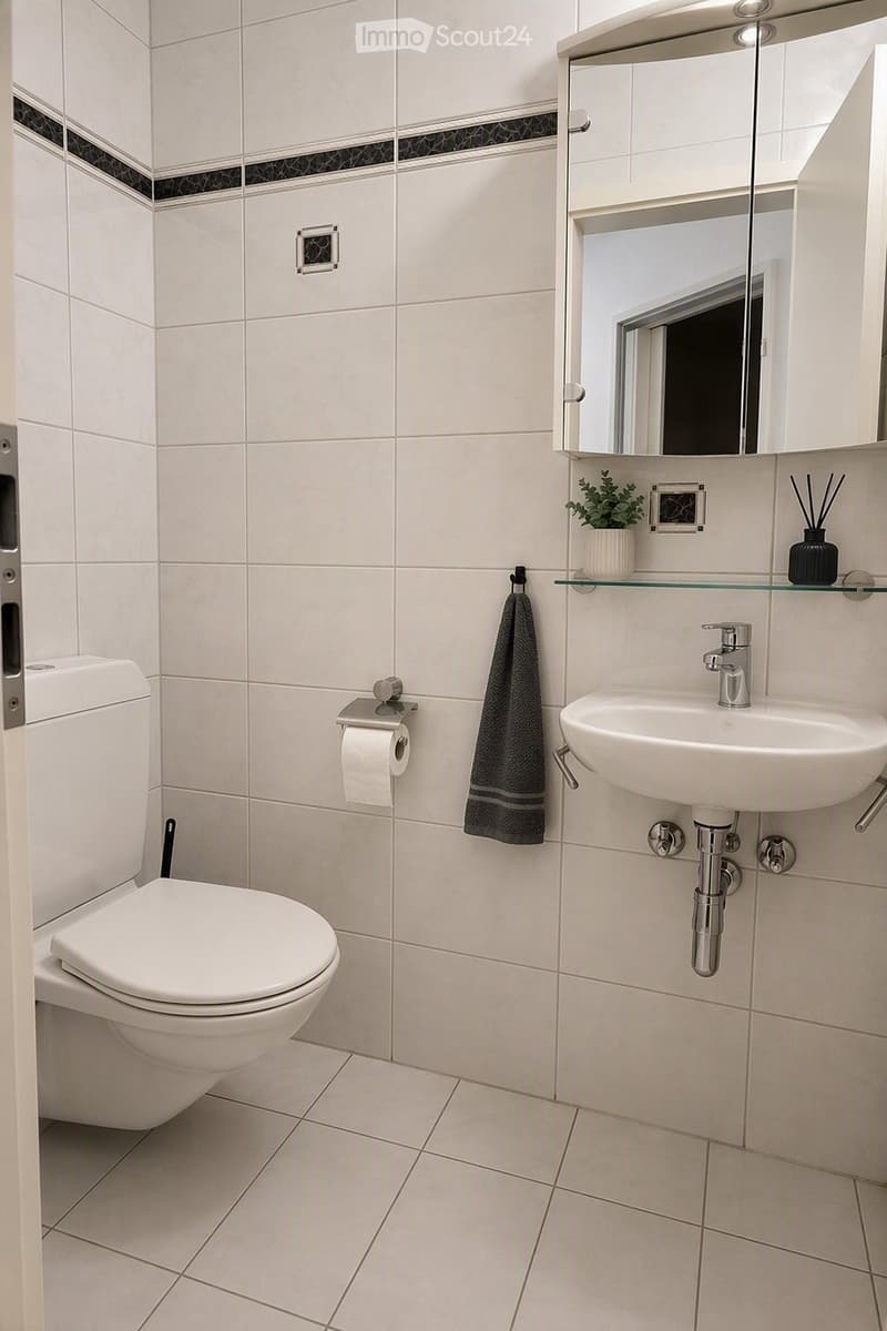 Modern bathroom with white tiles, a toilet, a sink with a modern faucet, a mirror cabinet, a glass shelf with a potted plant and decorative items, and a towel hanging on a rack.