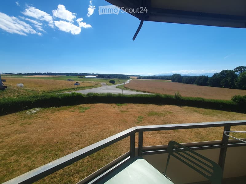 Balcony with metal railing overlooking a grassy field, road, and distant countryside with trees and mountains under a clear blue sky.