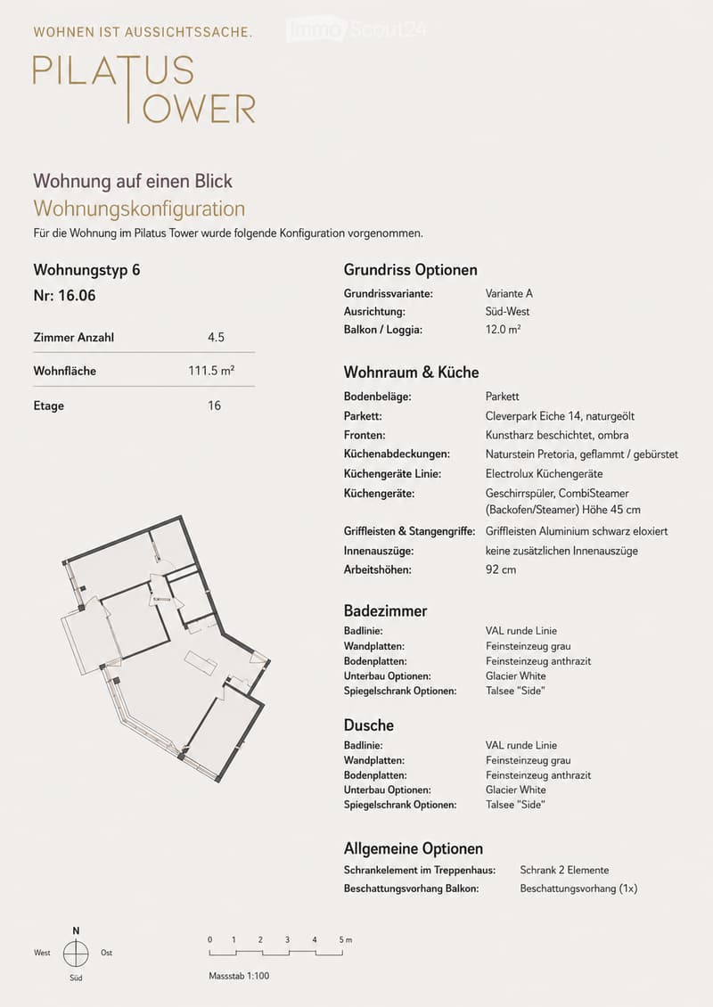 Floor plan of apartment type 6, 4.5 rooms, 111.5 m², located on the 16th floor, featuring a balcony.