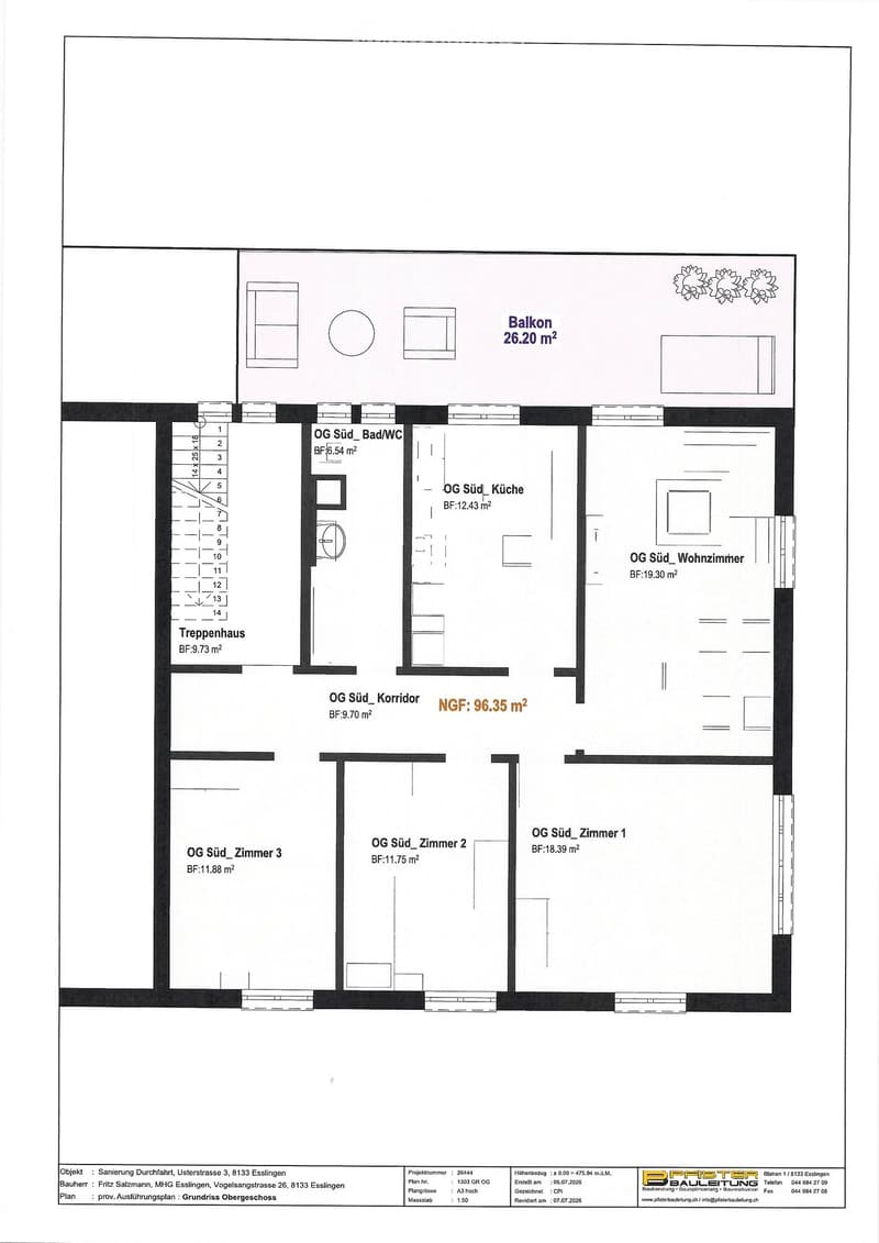 Floor plan of the upper floor showing a living room, kitchen, three bedrooms, bathroom, hallway, staircase, and balcony.