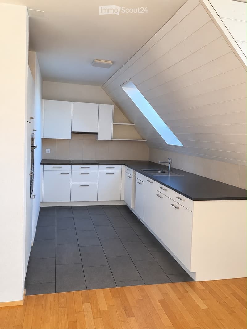 Modern kitchen with white cabinets, dark countertops, and a skylight window. The floor is a combination of wooden and tiled surfaces.