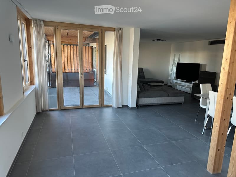 Modern living room with grey sofa, coffee table, dining table with chairs, TV, and sliding glass doors leading to a patio.