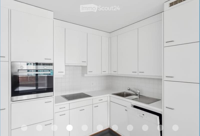 Modern kitchen with white cabinets, stainless steel appliances, and a clean, minimalist design.