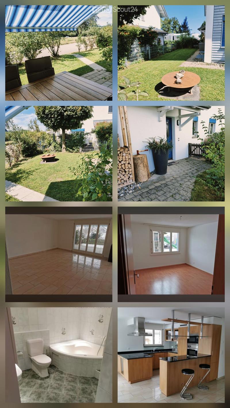 A collage of images showcasing a house with a spacious garden, patio, and indoor spaces including a bathroom and kitchen.