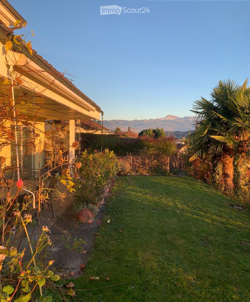 Well-maintained garden with a lawn, potted plants, and a view of mountains in the background. The house has a covered patio area with glass walls.
