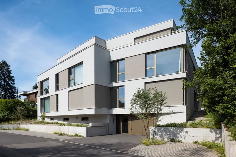 Modern two-story house with white and grey facade, large windows, and a flat roof. Features a raised ground floor, garage, and landscaped garden area.
