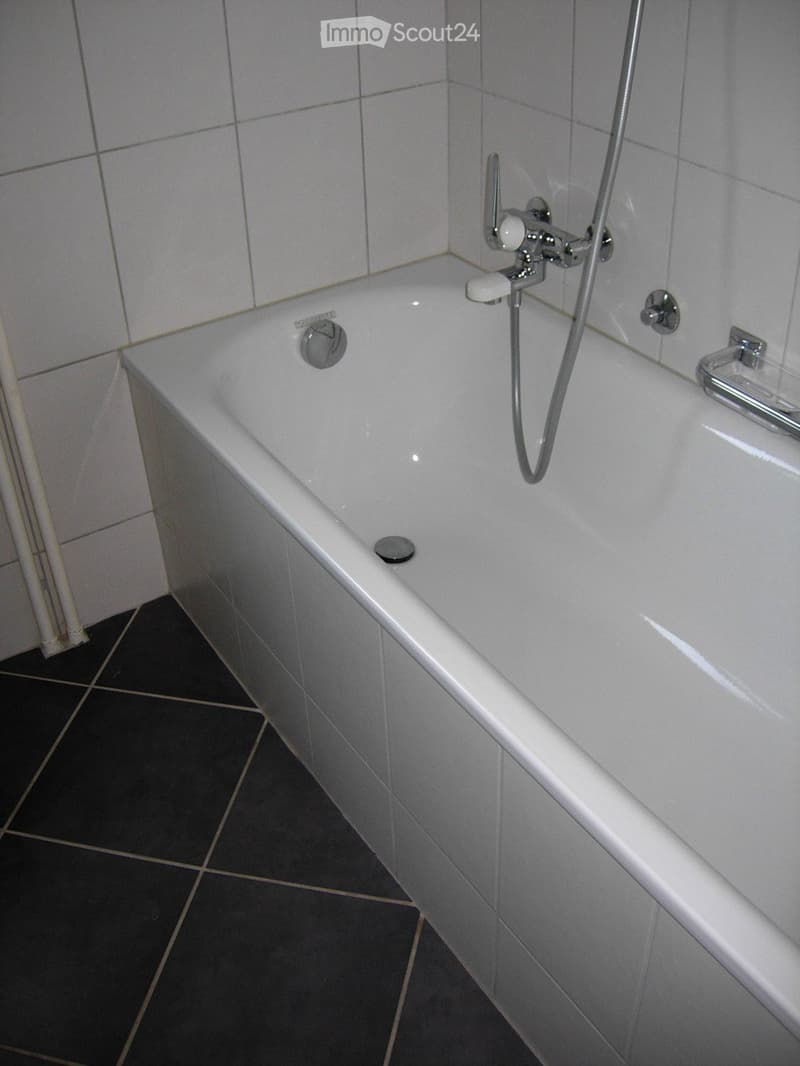 Modern bathroom with a white bathtub, chrome faucet, and shower hose. The walls are tiled in light gray, and the floor is covered with dark gray tiles.