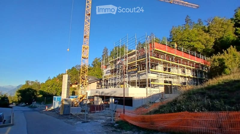 Multi-story building under construction with scaffolding, cranes, and surrounding greenery.
