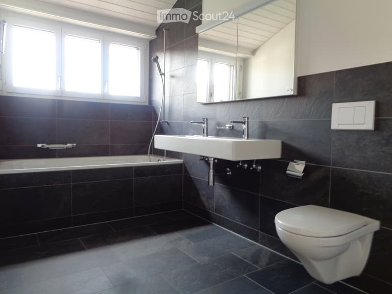 Modern bathroom with dark tiled walls and floor, featuring a bathtub, double sink, toilet, and large mirror. The room has large windows allowing natural light to enter.