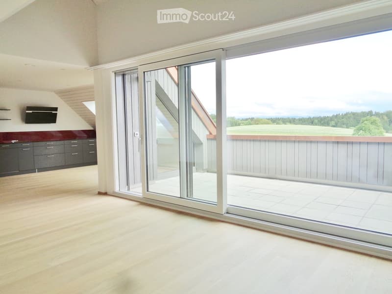 Empty room with wooden flooring, large sliding glass doors leading to a balcony, and built-in cabinets along one wall.