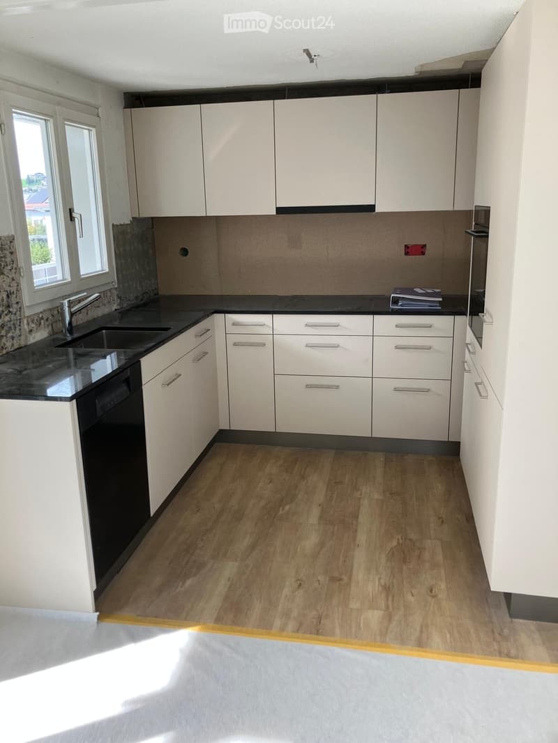 Modern kitchen with white cabinets, black countertops, a double sink, and a dishwasher. The floor is wooden, and there is a window on the left side.