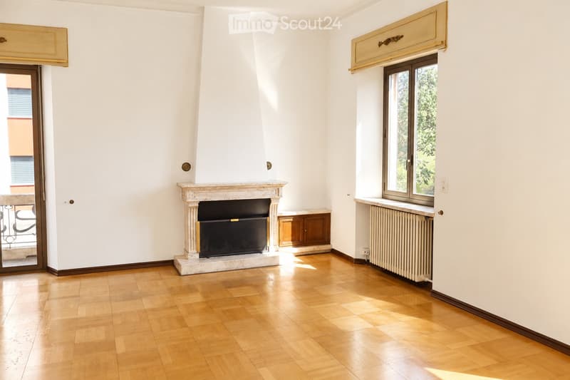 Bright living room with wooden flooring, fireplace, radiator, and cabinet. Large window with view of greenery.