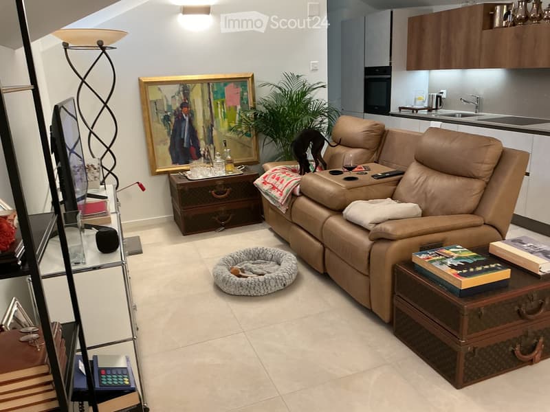Modern living room with a beige leather sofa, coffee table, floor lamp, painting, dog bed, and a small kitchen area with cabinets and a sink.