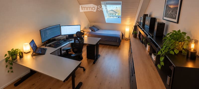 A multi-functional room with a bed, desk, and office setup. Features a large window, modern furniture, and decorative plants.