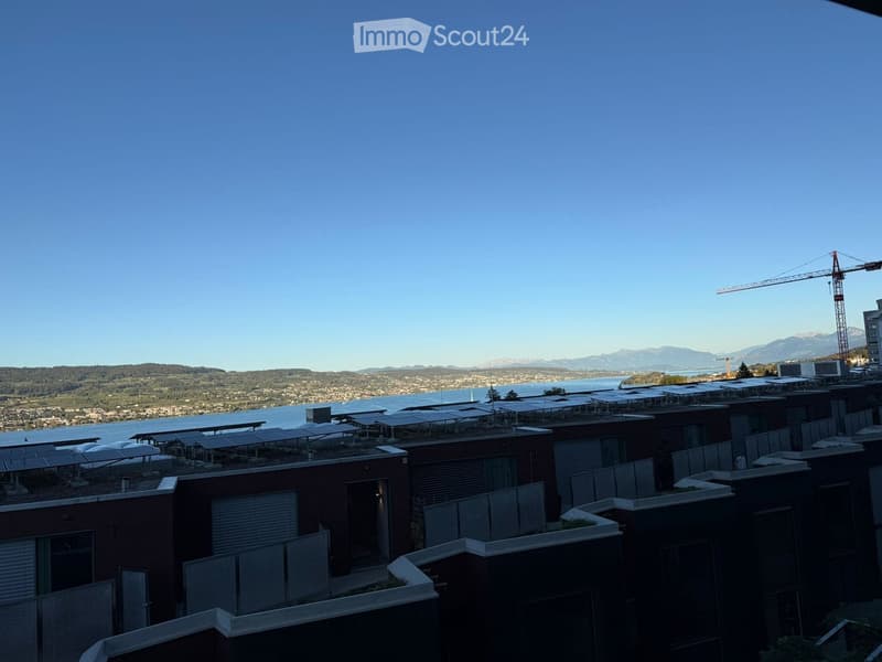 Roof terrace with solar panels, modern buildings, scenic view of water and distant mountains.