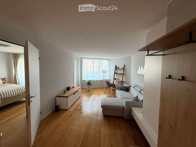 A modern, open-concept living and bedroom space with light wooden flooring, a grey sectional sofa, a bed with striped bedding, a small desk with a chair, and a shelf with decorative items.