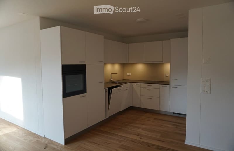 Modern kitchen with white cabinets, wooden flooring, and built-in appliances including an oven and dishwasher.