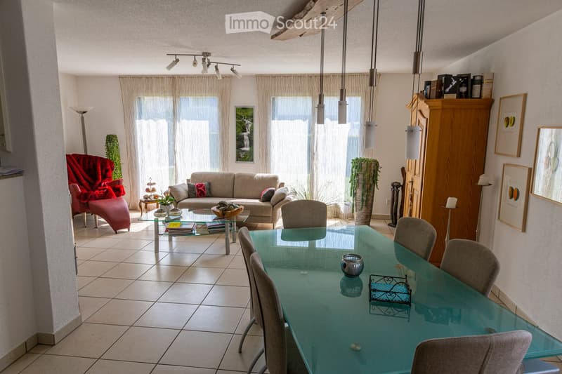 Bright living and dining area with a sofa, coffee table, dining table, chairs, pendant lights, and decorative items.