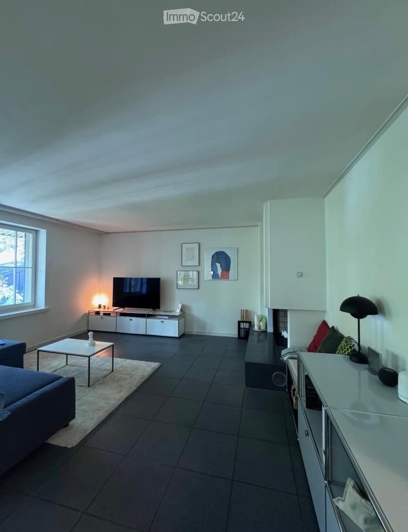 Modern living room with dark tiled flooring, a grey sofa, a white coffee table, a television on a white cabinet, and decorative picture frames on the wall.