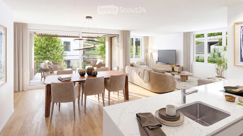 Modern, open-plan living and dining area with a kitchen counter, large windows, and a balcony. Features include a sofa, dining table with chairs, a kitchen sink, and decorative items.