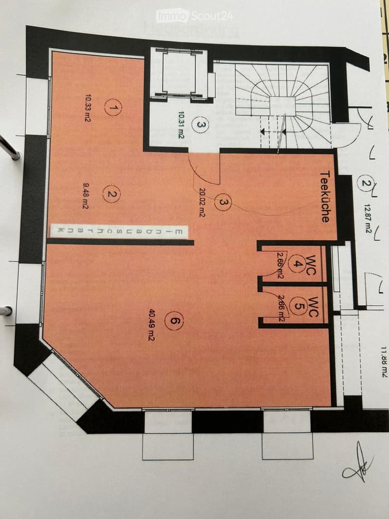 Floor plan with six rooms, two bathrooms, and a kitchen.