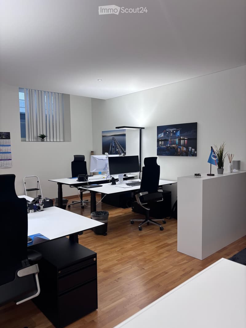 An office with desks, chairs, computer monitors, keyboards, and a flag. A plant and calendar are on the wall.