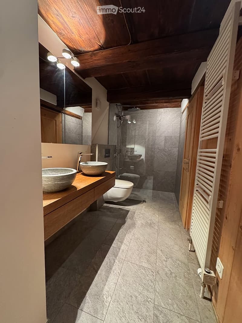 Modern bathroom with wooden ceiling beams, stone sink, toilet, and glass-enclosed shower area.