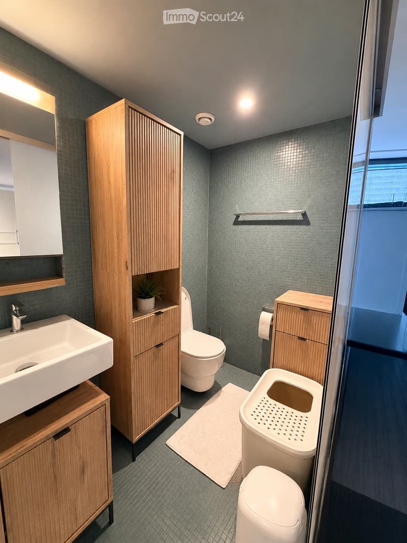 Modern bathroom with grey tiled walls, wooden cabinets, a sink, toilet, and a small plant on the cabinet.