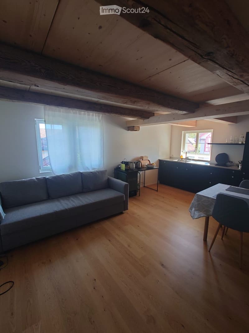 A spacious, well-lit room with wooden flooring, a grey sofa, a small table with various items, a dining area with a table and chairs, and a kitchen area with cabinets and a sink.