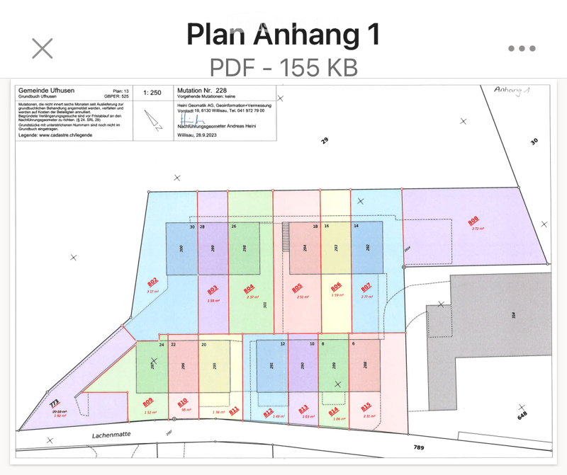 Floor plan showing multiple plots and sections with labeled areas and measurements, including various colored zones and numerical designations.